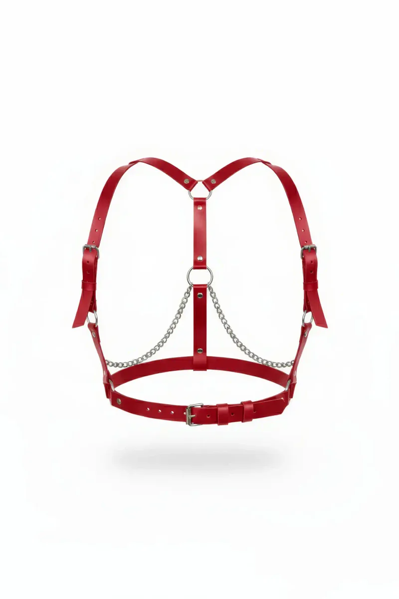 Red Vegan Leather Chest Harness Draped Silver Chains Front View