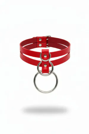 Red Faux Leather Double Strap Choker with Large O-Ring Detail Silver Hardware