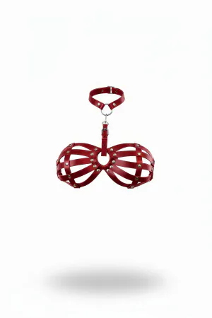 Red Caged Chest Harness Vegan Leather Silver Studs Detachable Collar