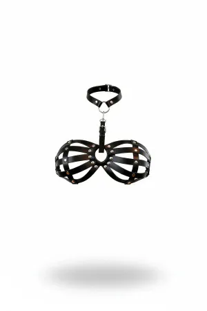 Black Studded Cage Bra Harness Vegan Leather Neck Collar Fashion Lingerie