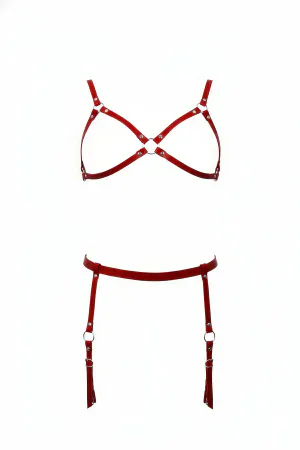 Red Vegan Leather Harness Bra and Garter Set with O-Ring