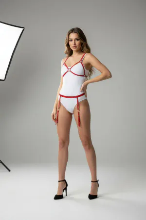 Red Vegan Leather Strappy Body Harness Women Adjustable Garter Straps