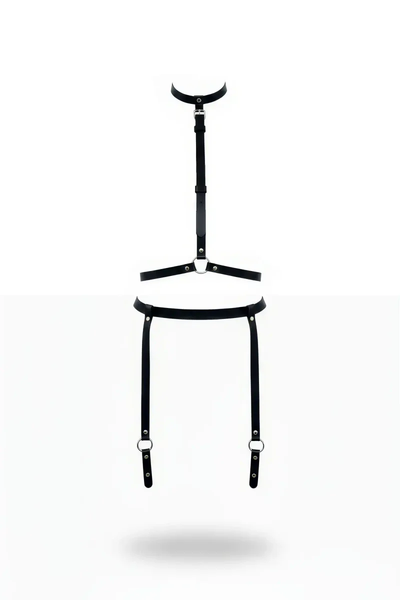 Black Faux Leather Full Body Harness with Collar and Thigh Straps