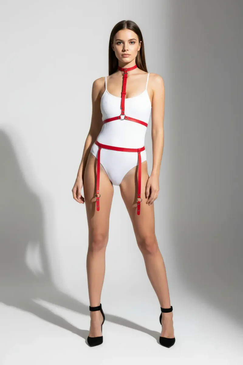 Red vegan leather body harness front