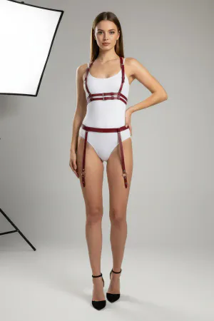 Claret Red Faux Leather Full Body Harness Thigh Straps Adjustable