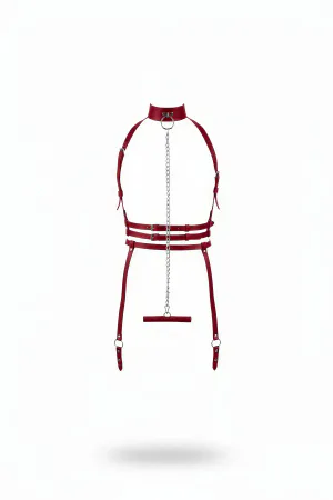 Claret Vegan Leather Body Harness with Silver Chain & Choker