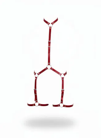 Red faux leather body harness with O-ring details and adjustable straps