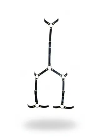 Black faux leather adjustable leg harness with silver O-rings