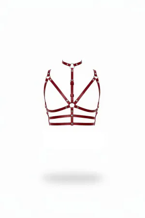 Claret Red Faux Leather Chest Harness Multi-Strap O-Ring Design