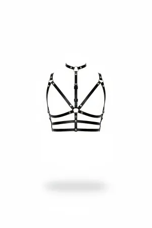 Black Faux Leather Caged Chest Harness Choker O-Ring Hardware