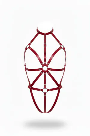 Bordo Faux Leather Body Harness Yüksek Yaka O-Ring Detaylı