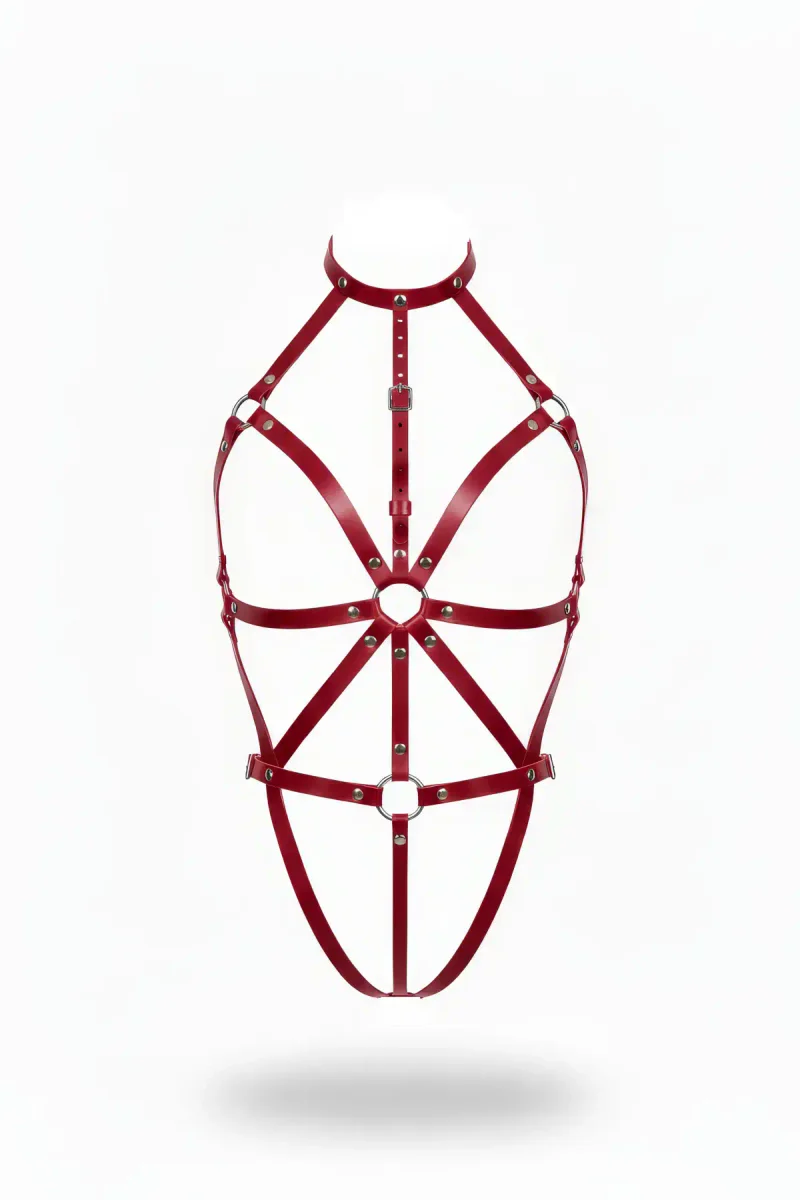 Bordo Faux Leather Body Harness Yüksek Yaka O-Ring Detaylı
