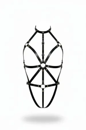 Siyah Faux Leather Tam Vücut Harness Boyunluklu Geometrik Desenli