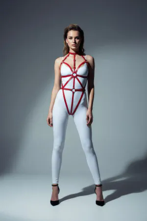 Red Faux Leather Full Body Harness with O-Ring Detail