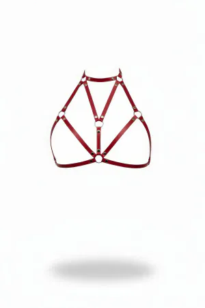 Red Faux Leather High Neck Chest Harness with Silver O-Rings