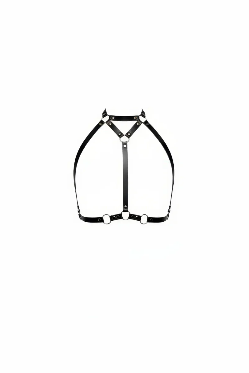 Siyah Faux Leather Göğüs Harness Yüksek Yaka Metal Halka Detaylı