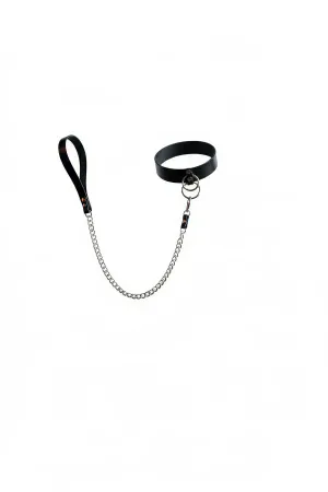 Black vegan leather choker with wide ring detail and silver chain