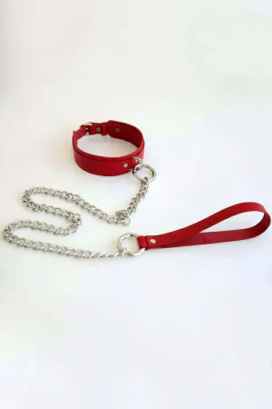 Red faux leather choker with silver metal chain leash