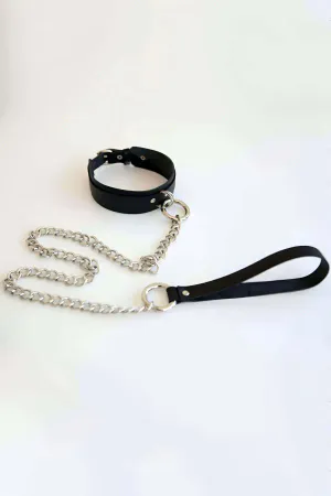 Black faux leather choker with silver chain and handle