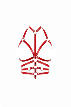 Red Faux Leather Caged Chest Harness with Silver O-Rings, Front View