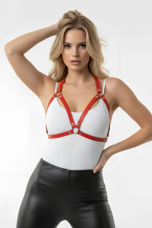 Red Faux Leather Chest Harness Women O-Ring Detail Adjustable Straps