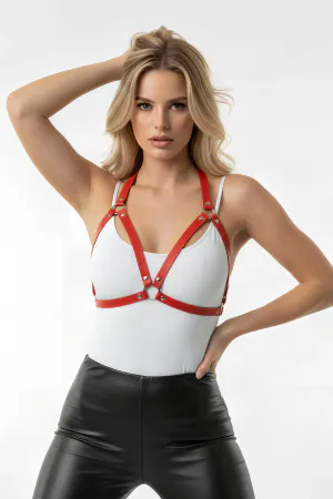 Red Faux Leather Chest Harness Women O-Ring Detail Adjustable Straps