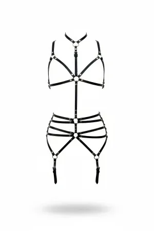 Black Faux Leather Full Body Harness with O-Rings Adjustable Straps