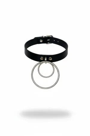 Black faux leather choker with double O-ring pendant silver metal