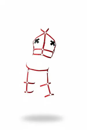 Red Caged Halter Body Harness with Thigh Garters in Vegan Leather