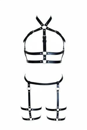 Black Caged Faux Leather Body Harness & Thigh Garter Set Women Multi-Strap Buckles