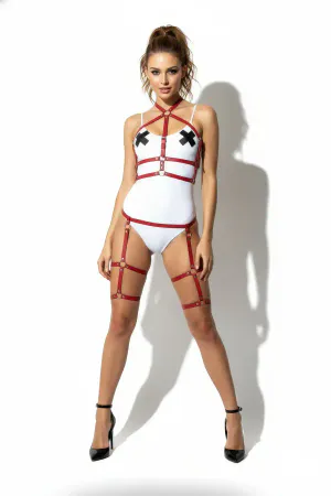 Red Vegan Leather Full Body Harness & Garter Set Adjustable Straps