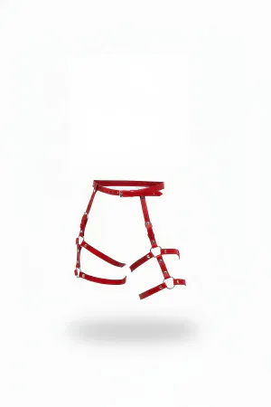 Red Vegan Leather Waist and Thigh Harness with Silver Hardware