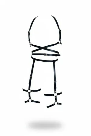 Black Faux Leather Full Body Harness with Thigh Garters