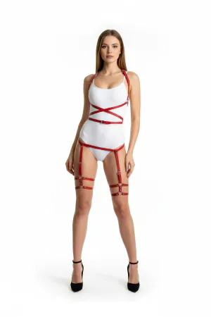 Red Faux Leather Body Harness with Thigh Garters Women Adjustable Straps
