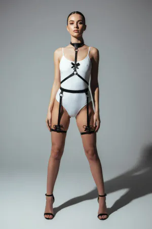 Black Faux Leather Body Harness with Bows and Choker for Women