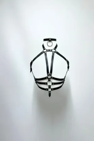 Black faux leather cage body harness with O-ring choker and adjustable torso straps