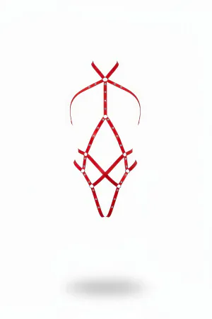 Kırmızı Metal Halkalı Vücut Harness Kadın Geometrik Desenli