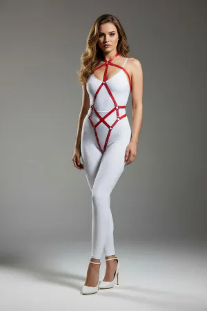 Red strappy vegan leather body harness on model