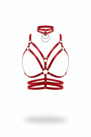 Red Faux Leather Caged Chest Harness with Multi O-Ring Choker