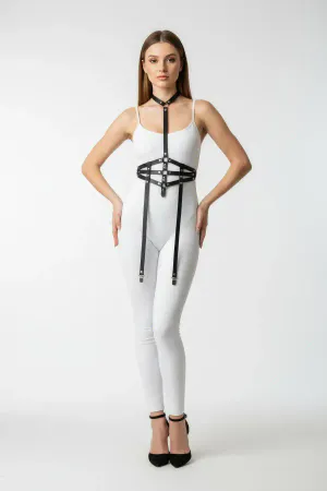 Black Faux Leather Caged Waist Body Harness with Adjustable Garter Straps
