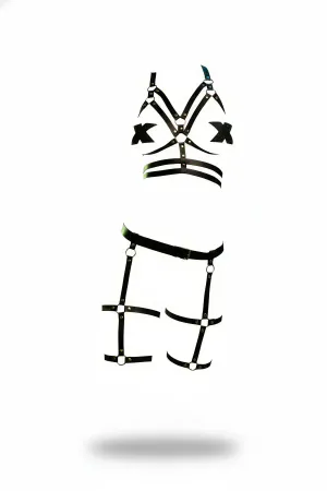 Black Vegan Leather Full Body Harness with O-Ring Chest and Thigh Garters