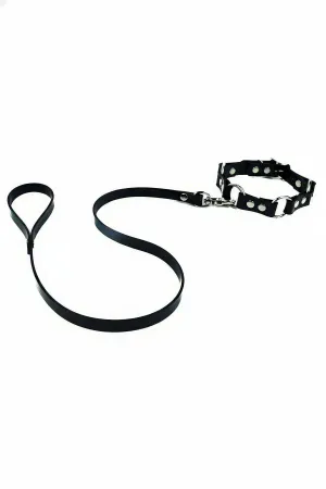 Black faux leather studded choker with metal O-ring and detachable leash