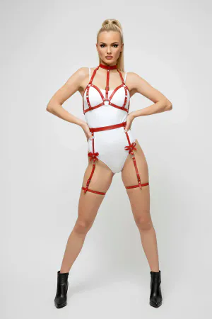 Vibrant Red Faux Leather Garter Harness with O-Ring Chest & Adjustable Straps, featuring playful Bow Accents