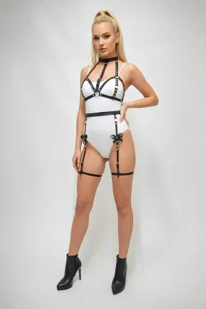 Black vegan leather studded choker body harness with garter straps