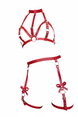Red Faux Leather High-Collar Body Harness and Detachable Leg Garter Set with Bows and Silver Hardware