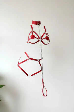 Red Faux Leather Full Body Harness Set with Choker, Multi-Strap Bra, and Detachable Silver Chain Leash