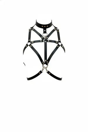 Black Faux Leather Chest Harness High Collar Cage Straps Women Adjustable