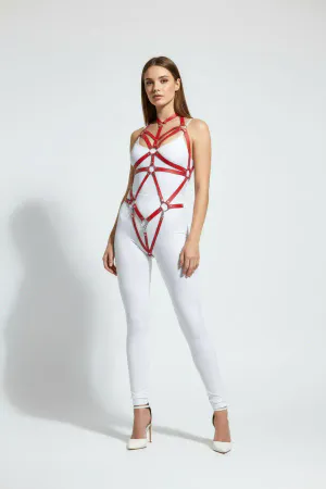Red faux leather full body harness with interlocking rings and silver hardware