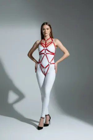 Red faux leather full body harness with interlocking rings and silver hardware