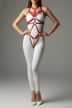 Red faux leather full body harness with interlocking rings and silver hardware